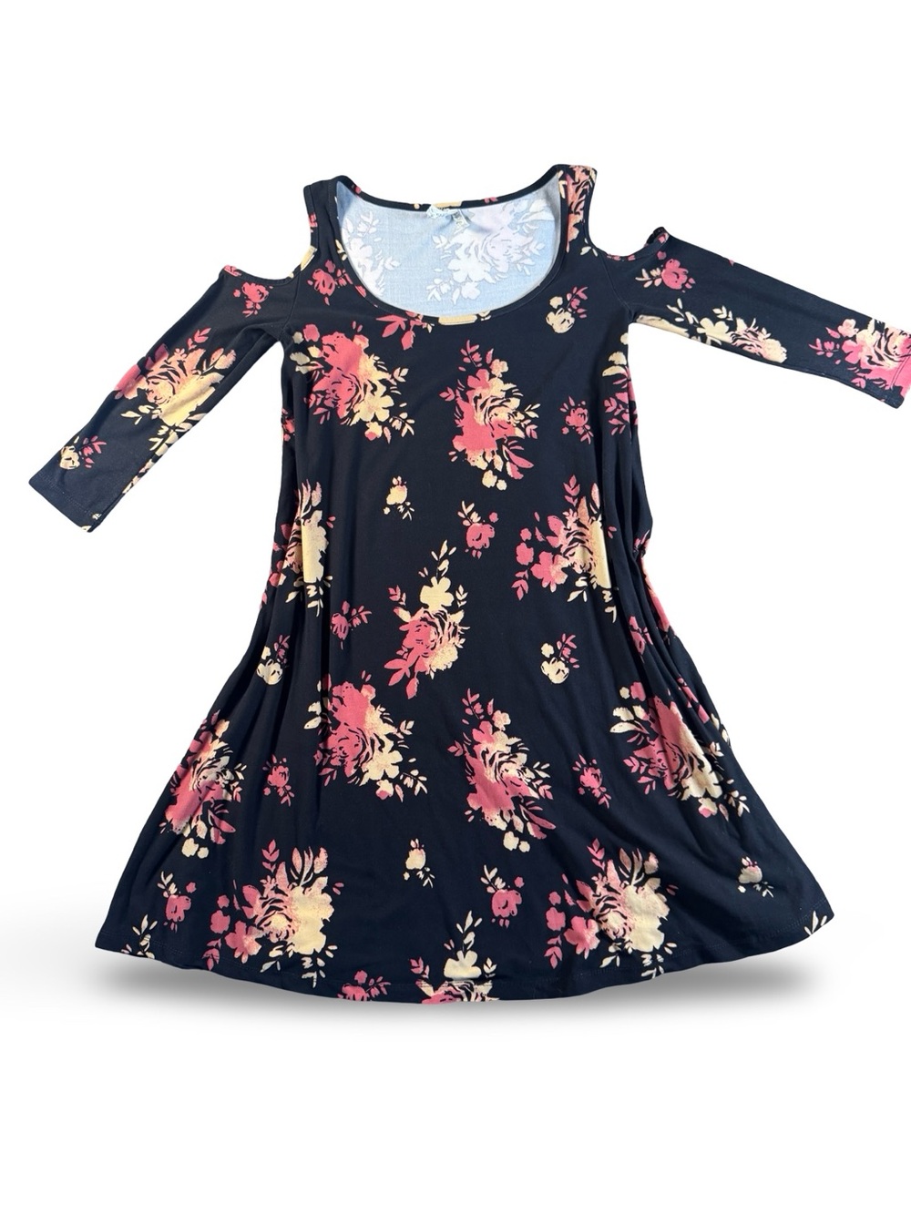 Vtg Mudd Boho Floral Dress Juniors XS Pink Brown Cold Shoulder 90's Y2K Knee Mid